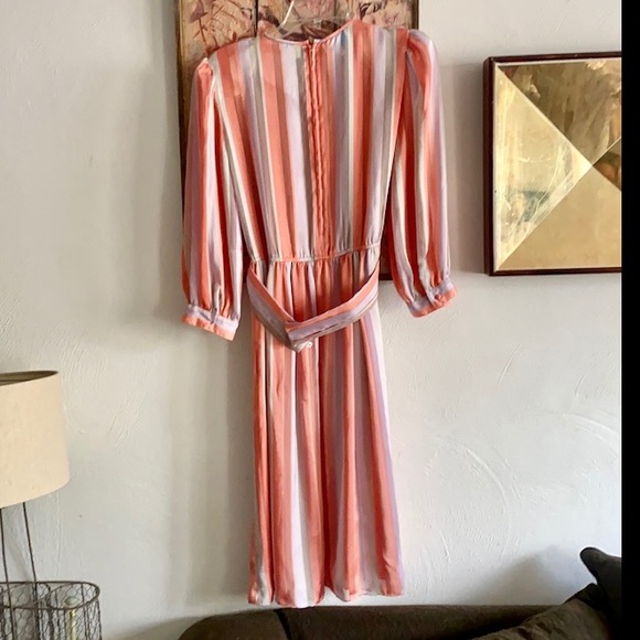 60s 70s VINTAGE LESLIE FAY SILKY LS STRIPE BELTED PRARIE BOHO MIDI DRESS 6 VTG - Picture 3 of 16